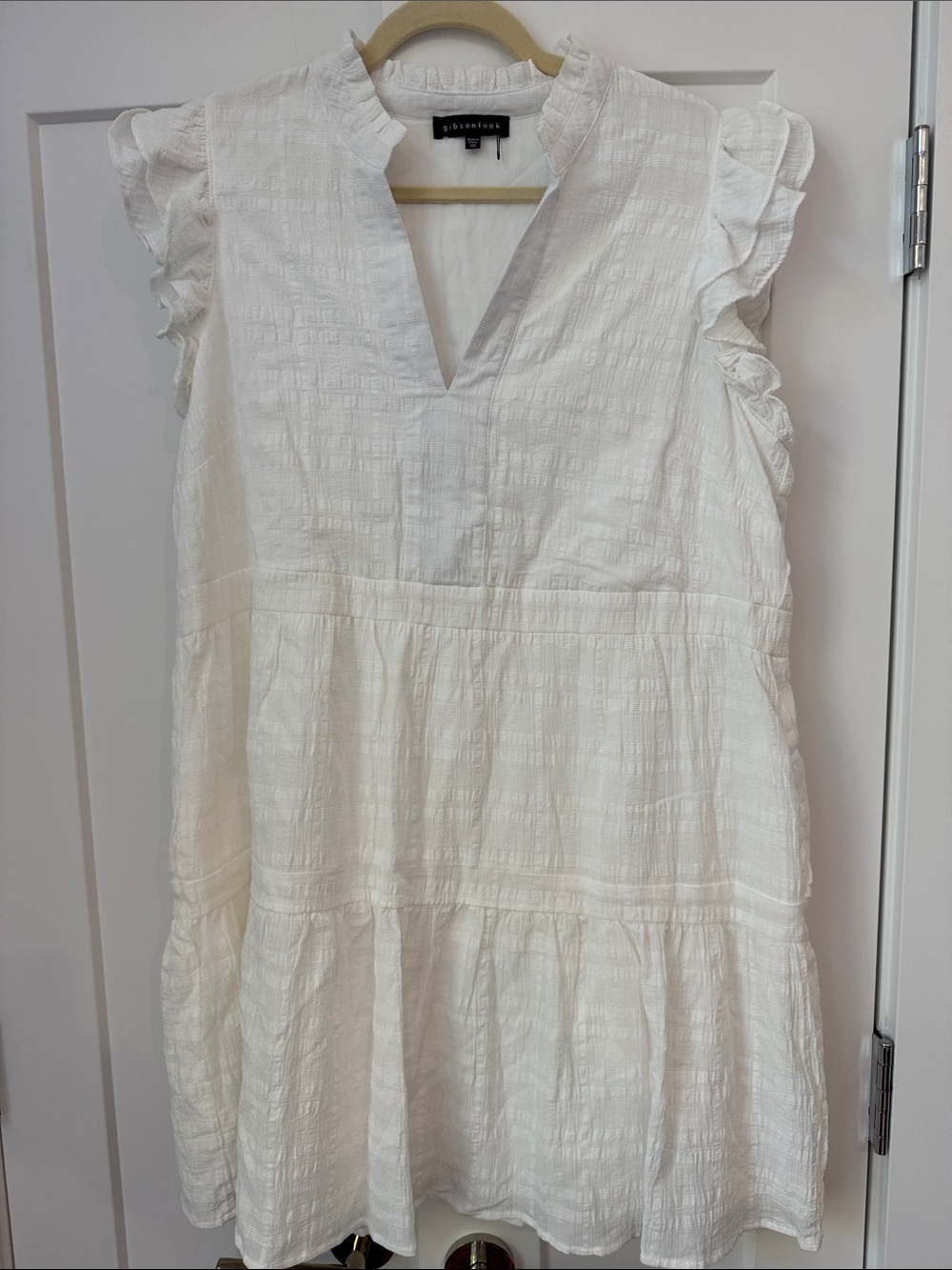 Gibson Lightweight White Ruffle-Sleeve Tiered Tunic Dress